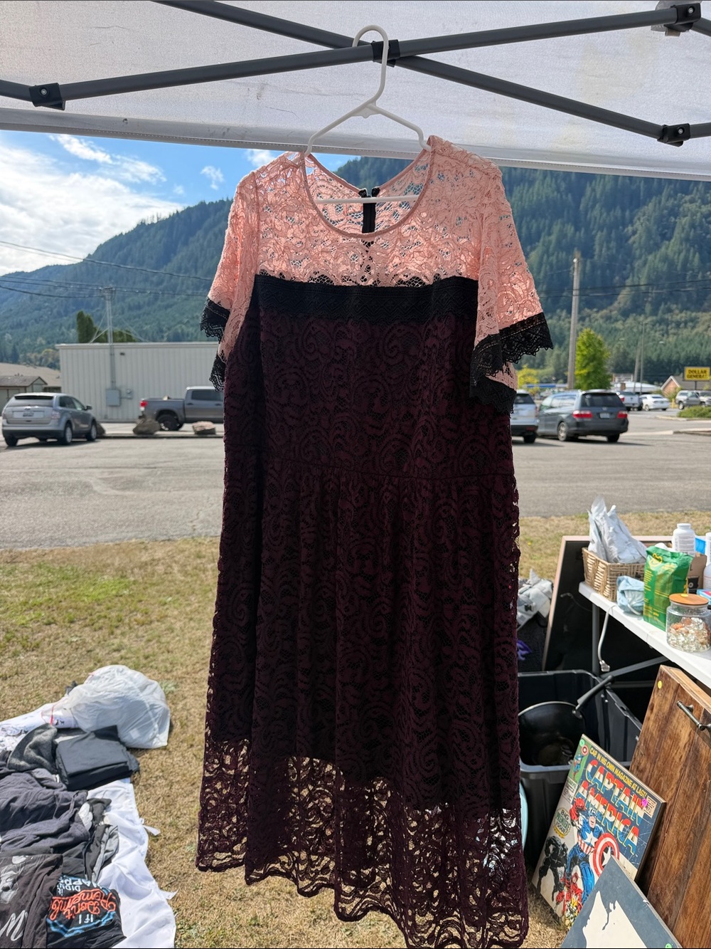 Lane Bryant Pink and Plum Lace Midi Dress with Black Trim